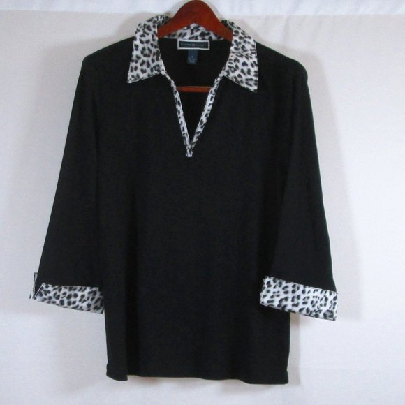 Karen Scott Tops - Karen Scott Womens Black w\ Leapord Print Collar\Cuffs  Pullover Shirt  …